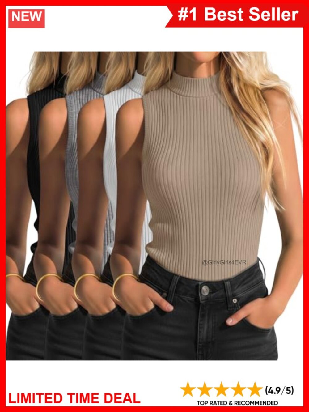 4 Pack Womens Sleeveless Turtleneck Tank Tops Ribbed Knit